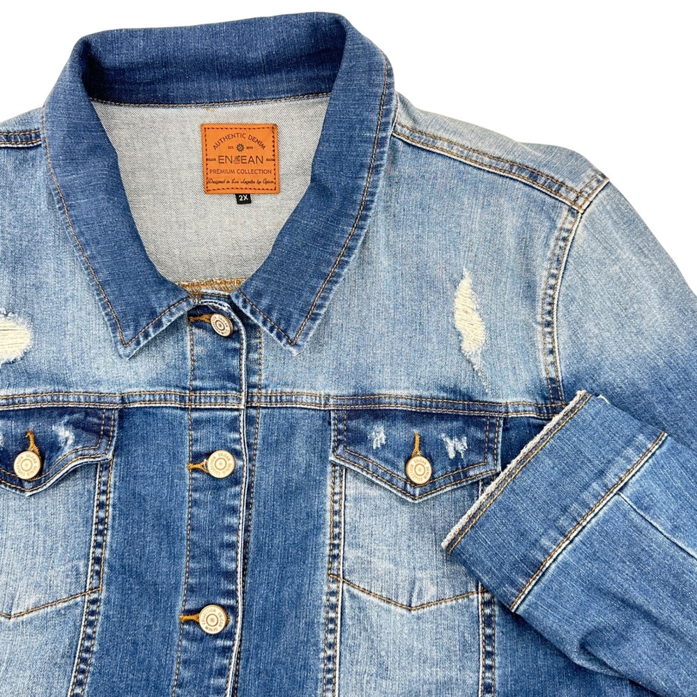 ENJEAN Denim Jacket Womens 2XL Premium Collection Distressed Medium Wash‎